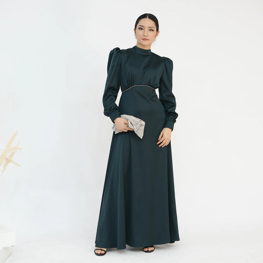 LIMITED EDITION - LUJAIN Premium Satin High-Neck Embellished Waist Evening Dress - Emerald