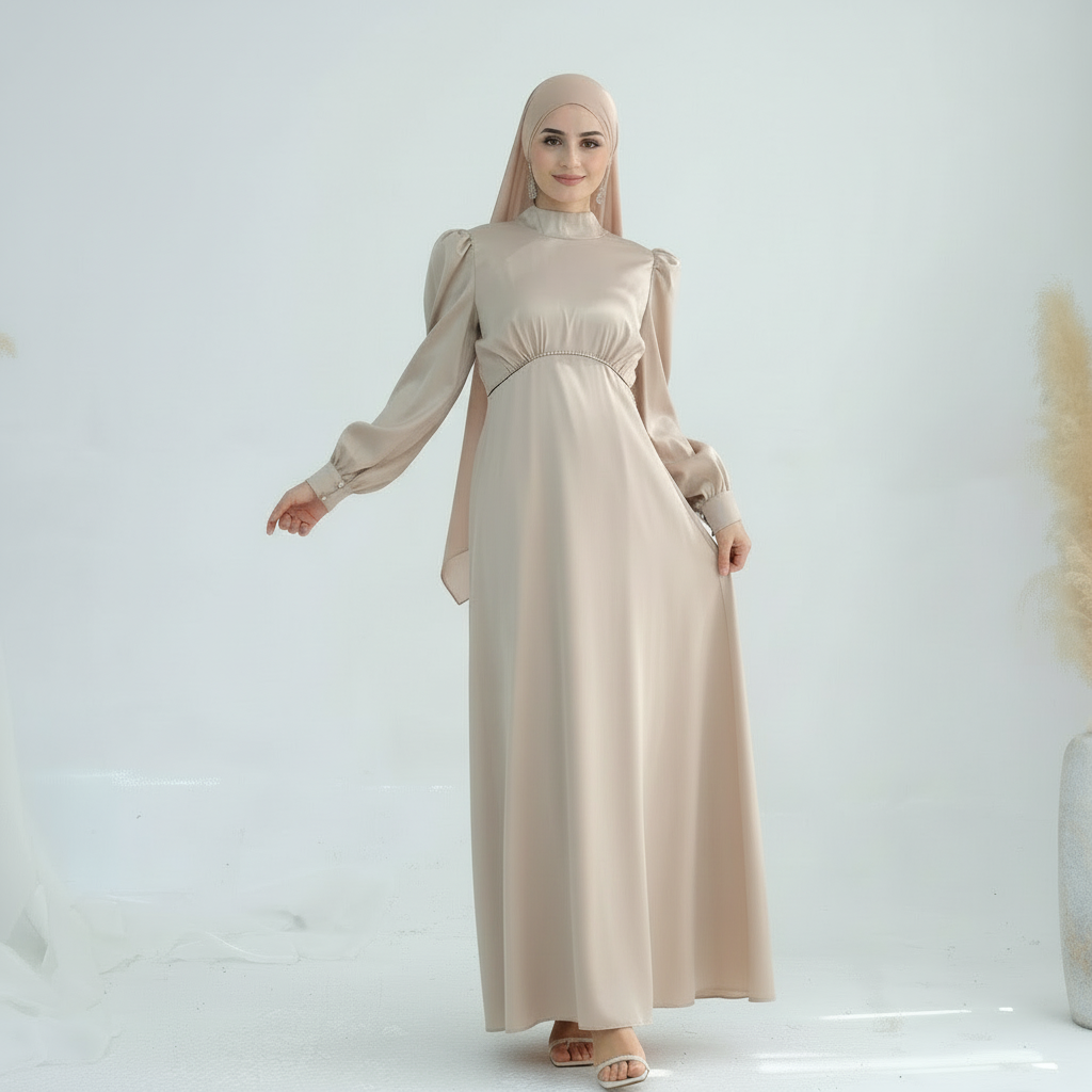 LIMITED EDITION - LUJAIN Premium Satin High-Neck Non-Sheer Embellished Waist Evening Dress - Pearl