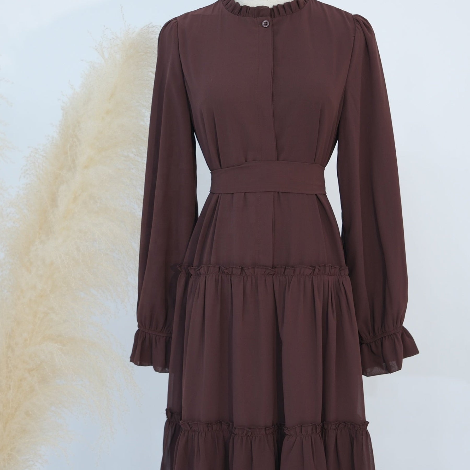 LAYLA Premium Chiffon High-Neck Fully Lined tiered maxi dress - Brown