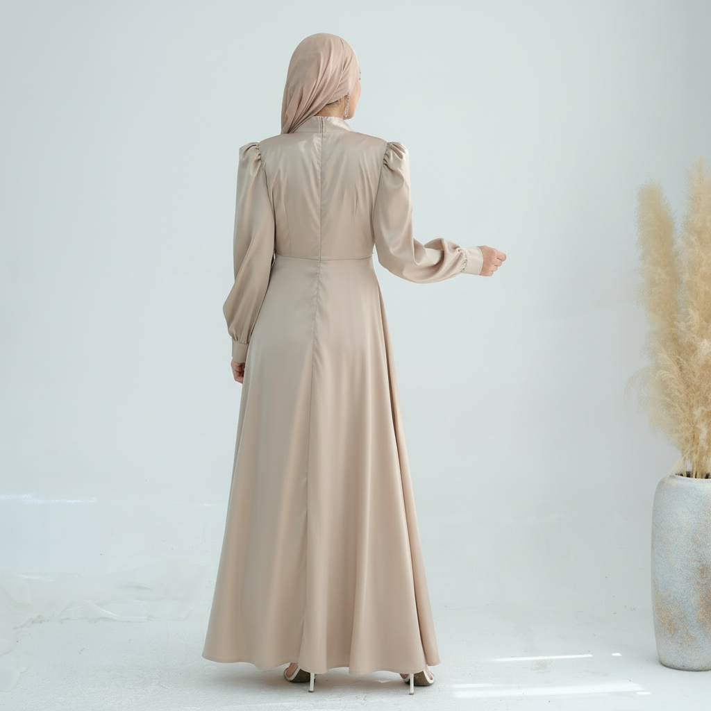 LIMITED EDITION - LUJAIN Premium Satin High-Neck Non-Sheer Embellished Waist Evening Dress - Pearl