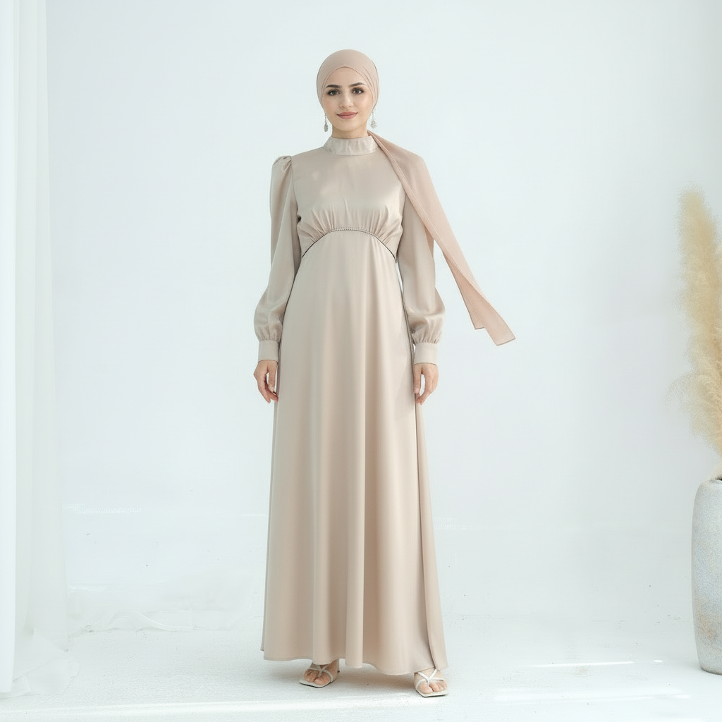 LIMITED EDITION - LUJAIN Premium Satin High-Neck Non-Sheer Embellished Waist Evening Dress - Pearl