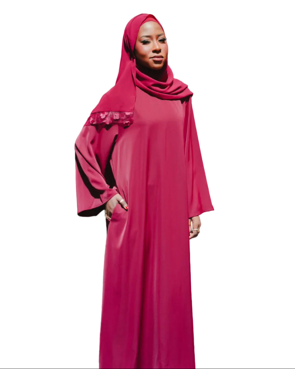 DEENA Premium Floral Applique Open Abaya Set - Maroon