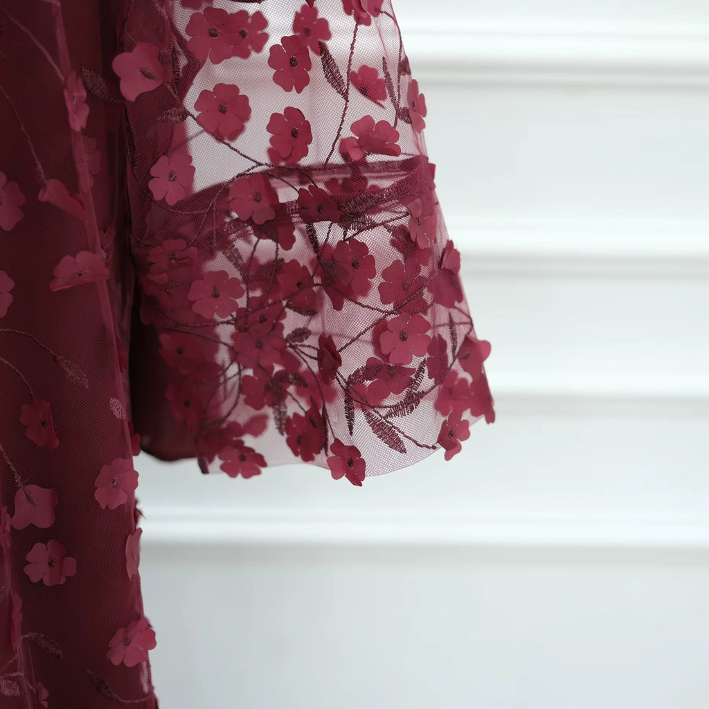 Mesh Floral Applique Open Abaya Set - Maroon