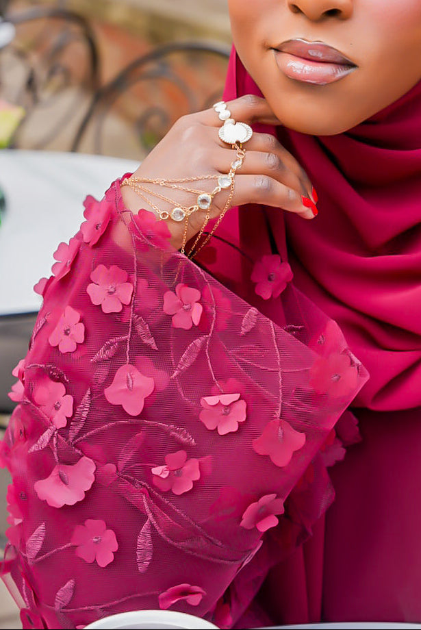 DEENA Premium Floral Applique Open Abaya Set - Maroon