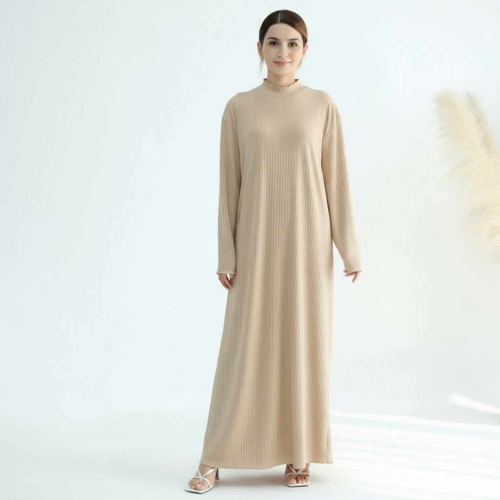 MAYA Premium Jersey Loose Fit Non-Iron High-Neck Maxi Dress - Biscuit