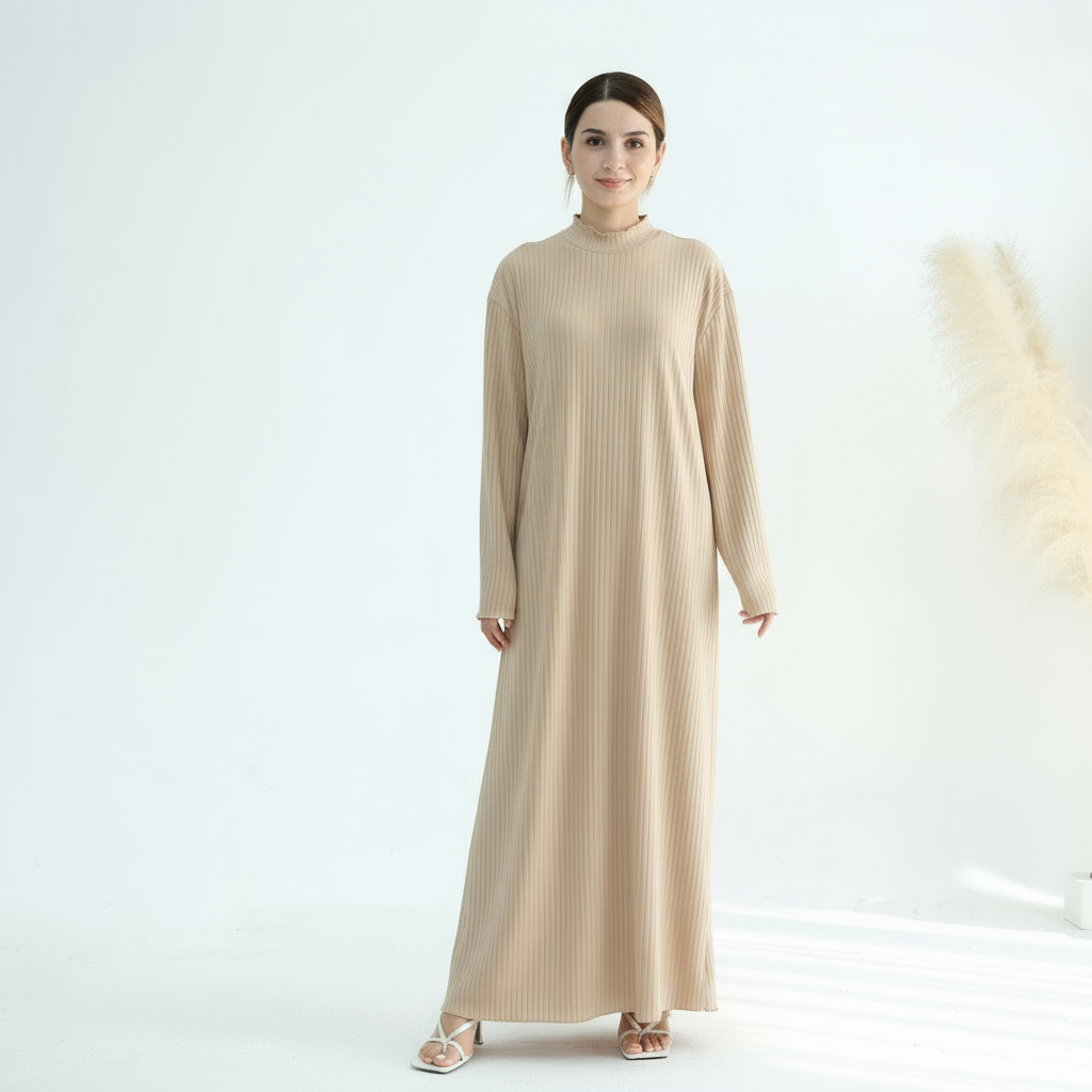 MAYA Premium High-Neck Long Sleeve Non-Sheer Modest Maxi Dress - Biscuit