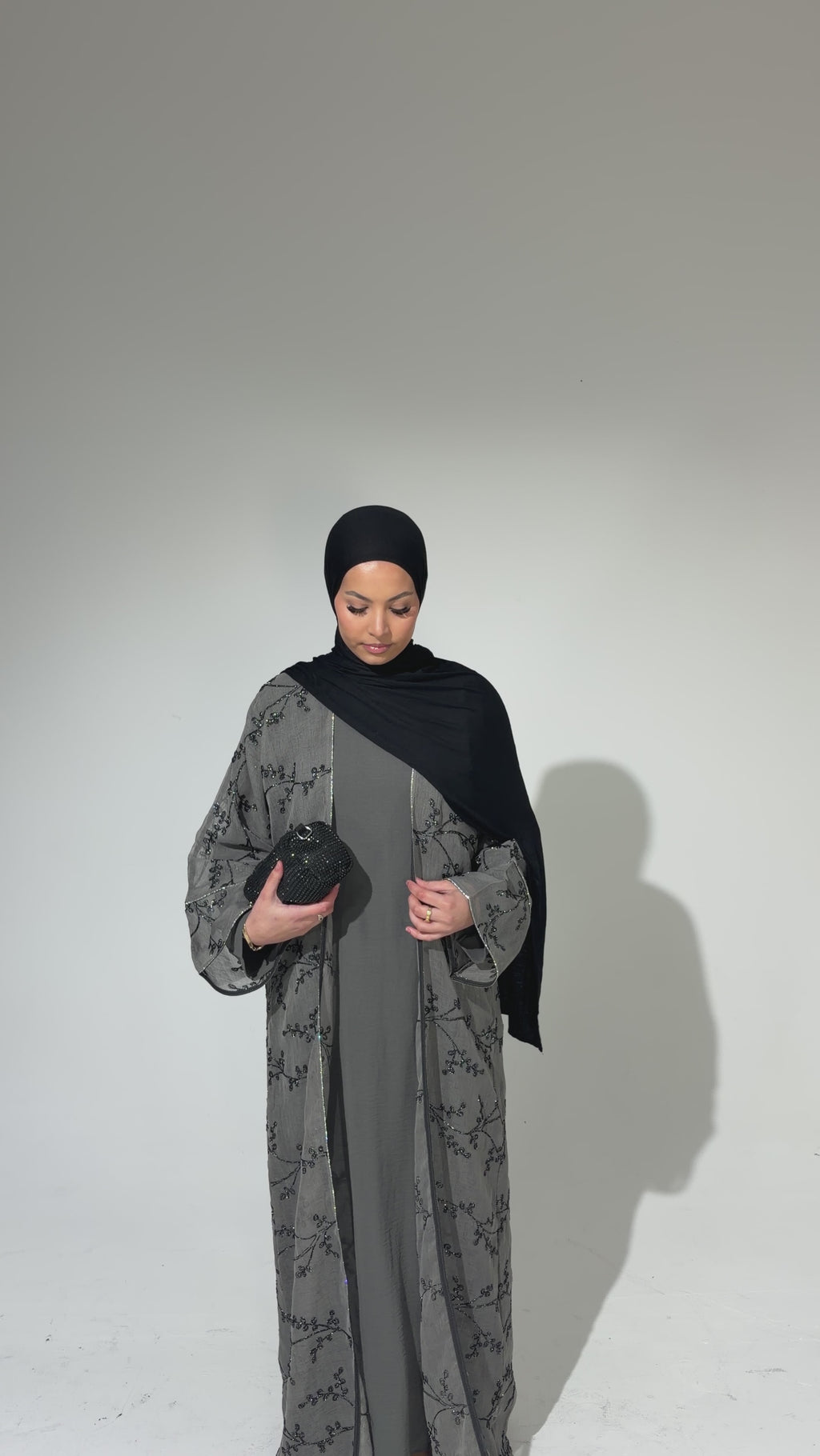 WARDA Premium Embellished Open Abaya Set - Grey