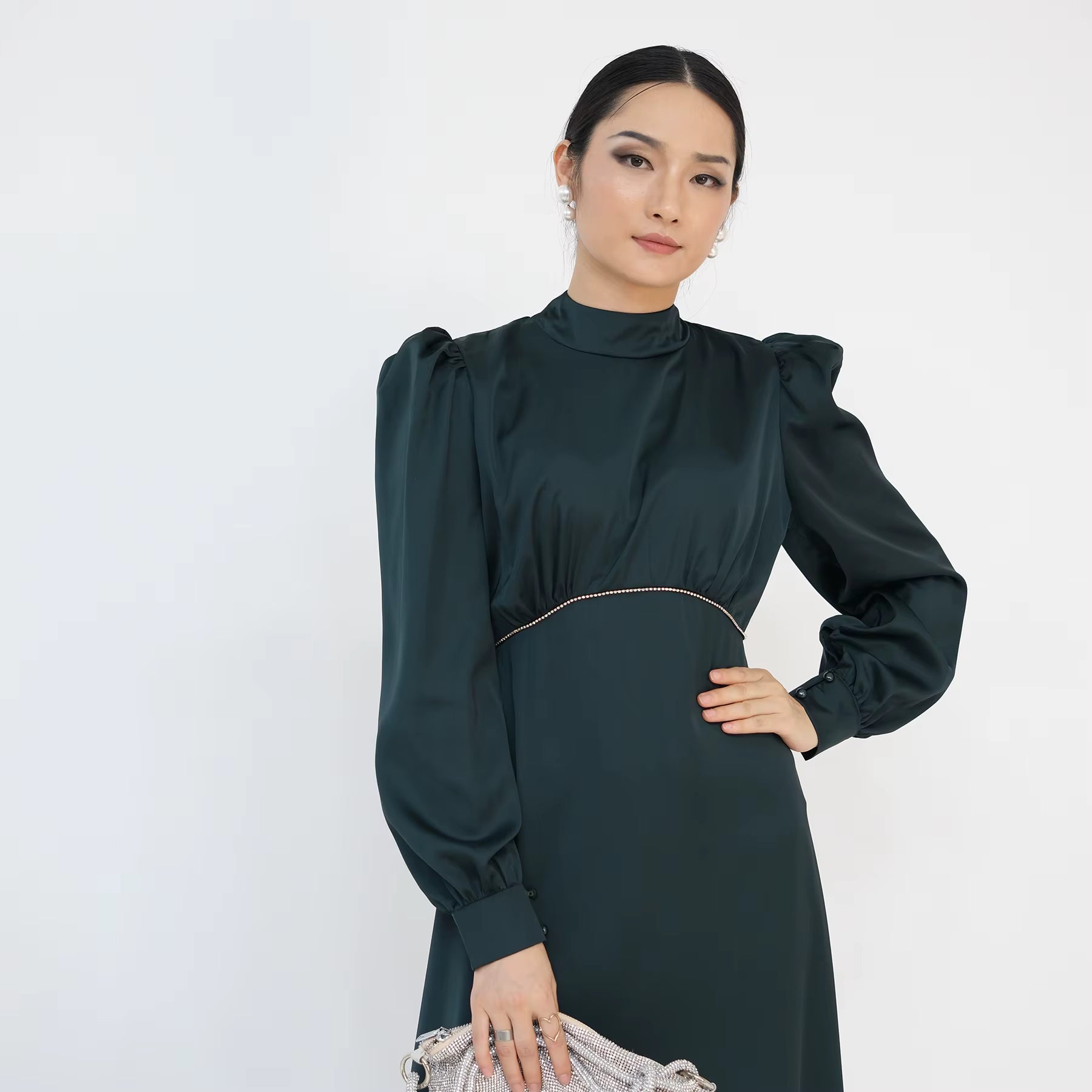 LIMITED EDITION - LUJAIN Premium Satin High-Neck Non-Sheer Embellished Waist Evening Dress - Emerald