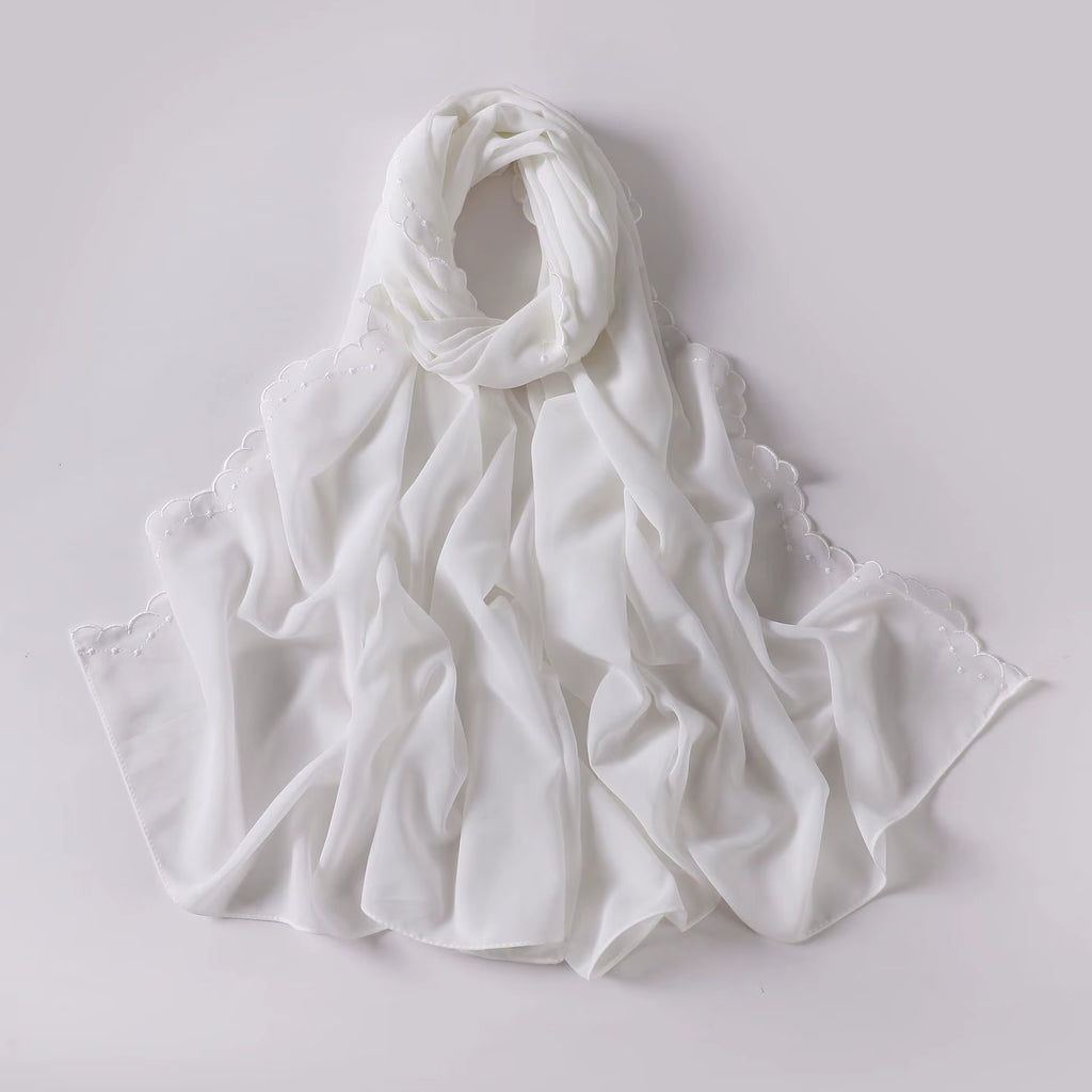 LEYA Premium Chiffon Scalloped Hijab and Undercap Set - White