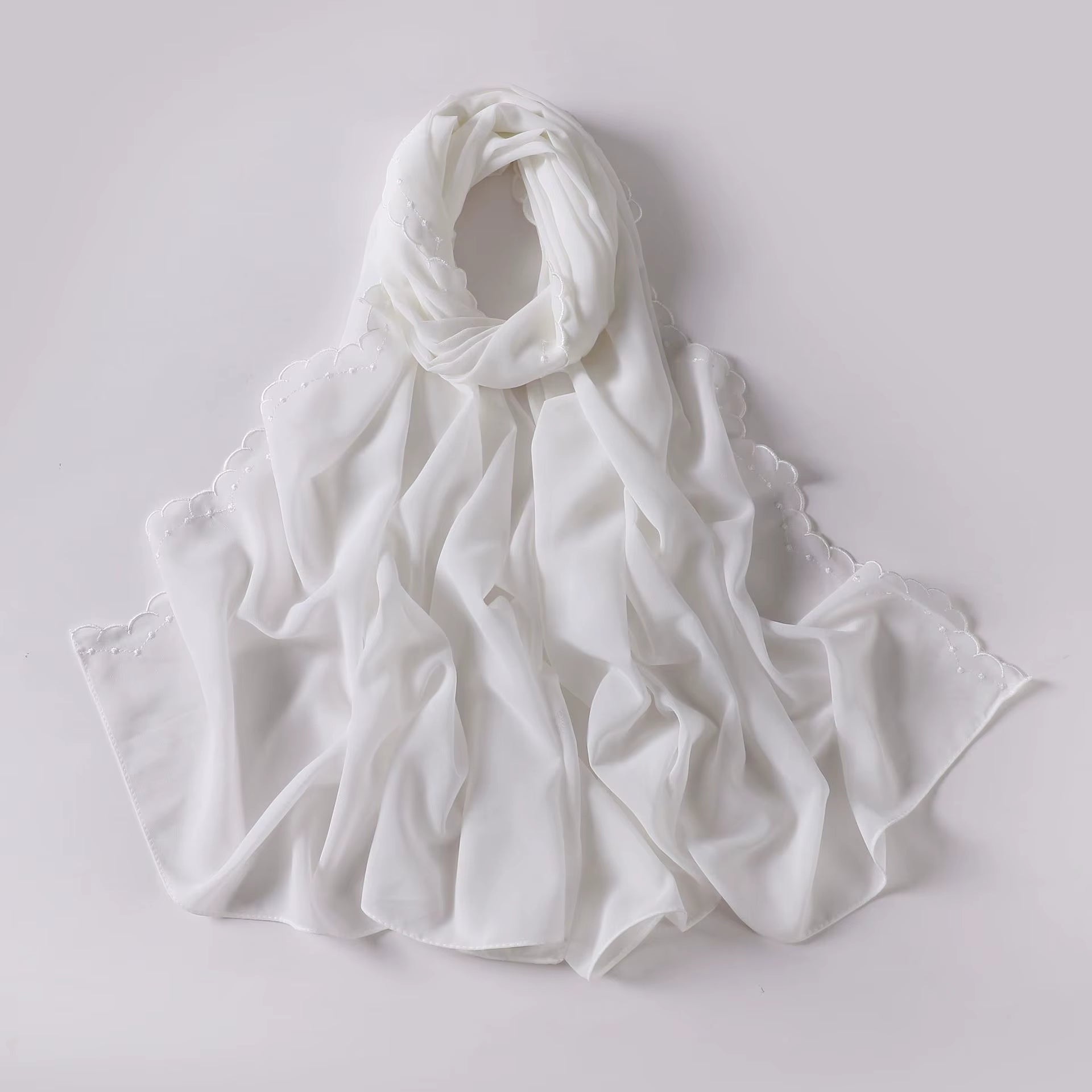 LEYA Premium Chiffon Scalloped Hijab and Undercap Set - White